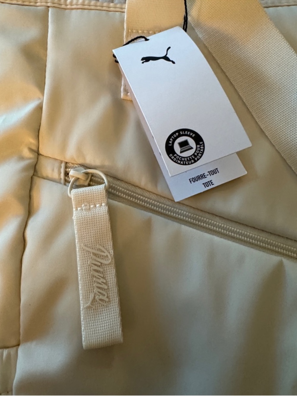 Puma Cream Quilted Tote Bag with Front Zip Pocket